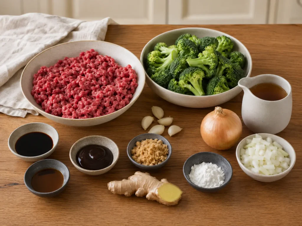 Ground beef and broccoli ingredients arranged on a wooden table with onion, garlic, ginger, sauces, brown sugar, beef broth, sesame oil, and cornstarch.