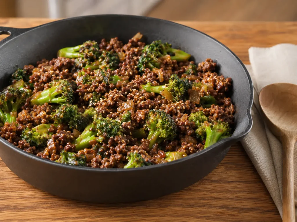 Ground Beef And Broccoli with tender florets and savory ground beef