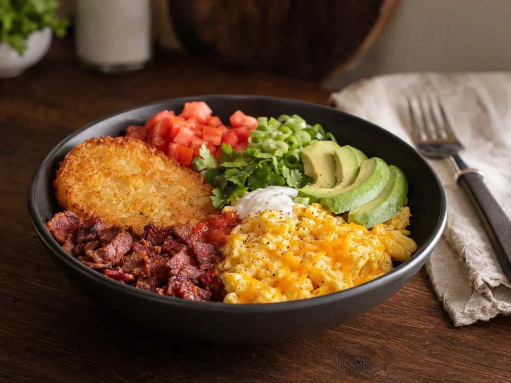 High Protein Breakfast Bowls with scrambled eggs, bacon, avocado, tomatoes, Greek yogurt, and crispy hash browns