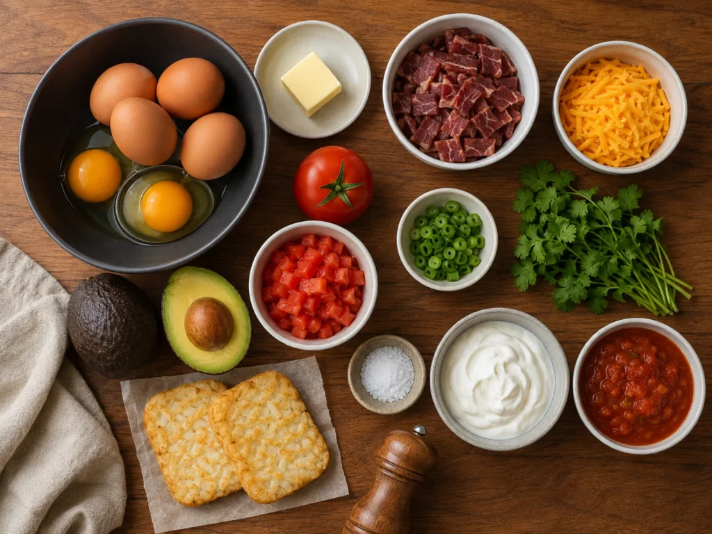 High protein breakfast bowls ingredients with eggs, beef bacon, avocado, hash browns, cheese, tomatoes, Greek yogurt, salsa, green onions, and cilantro.