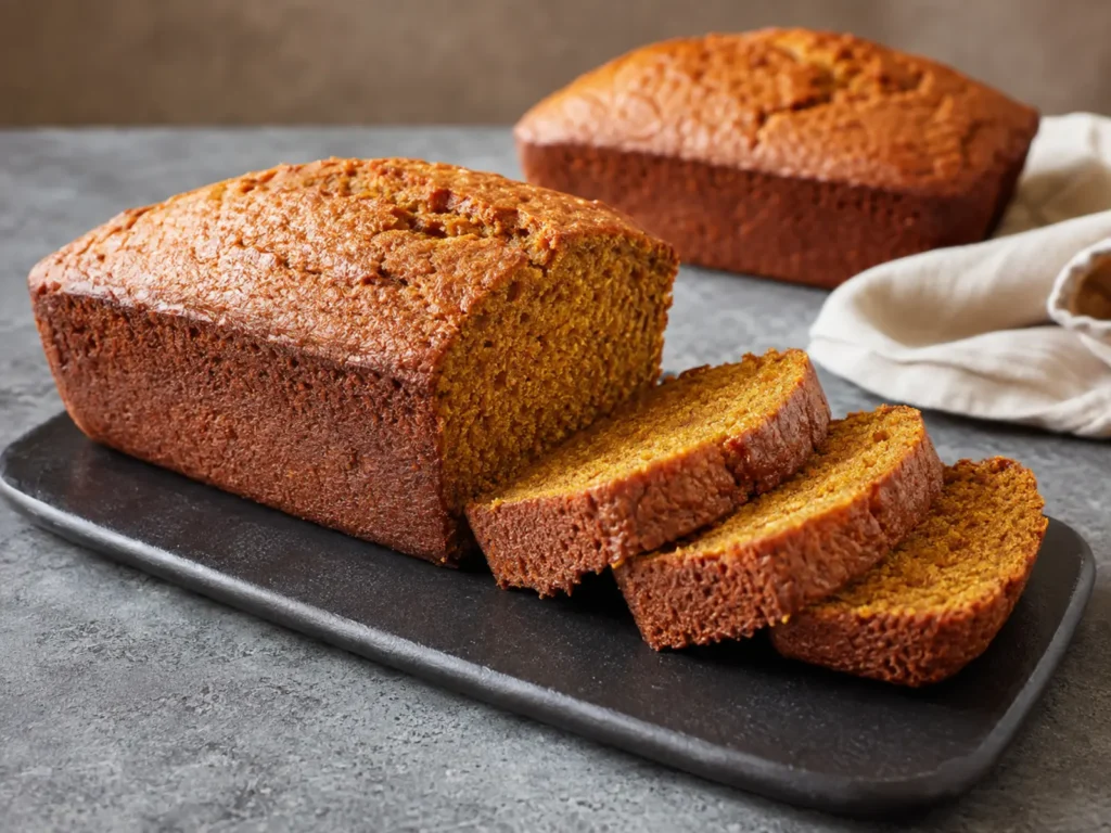 Moist Pumpkin Bread with three slices showing a tender orange-gold crumb