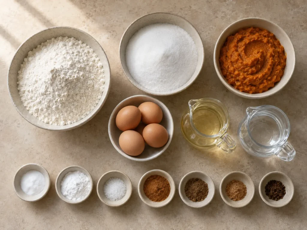 Measured ingredients for moist pumpkin bread, including pumpkin puree, flour, sugar, eggs, vegetable oil, water, baking soda, baking powder, salt, cinnamon, nutmeg, cloves, and allspice arranged on a beige surface.
