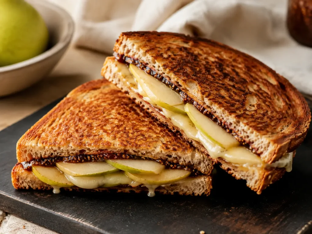 Pear Fig Grilled Cheese cut in halves with melted Gouda-style cheese, thin pear slices, fig spread, and crisp whole-grain bread