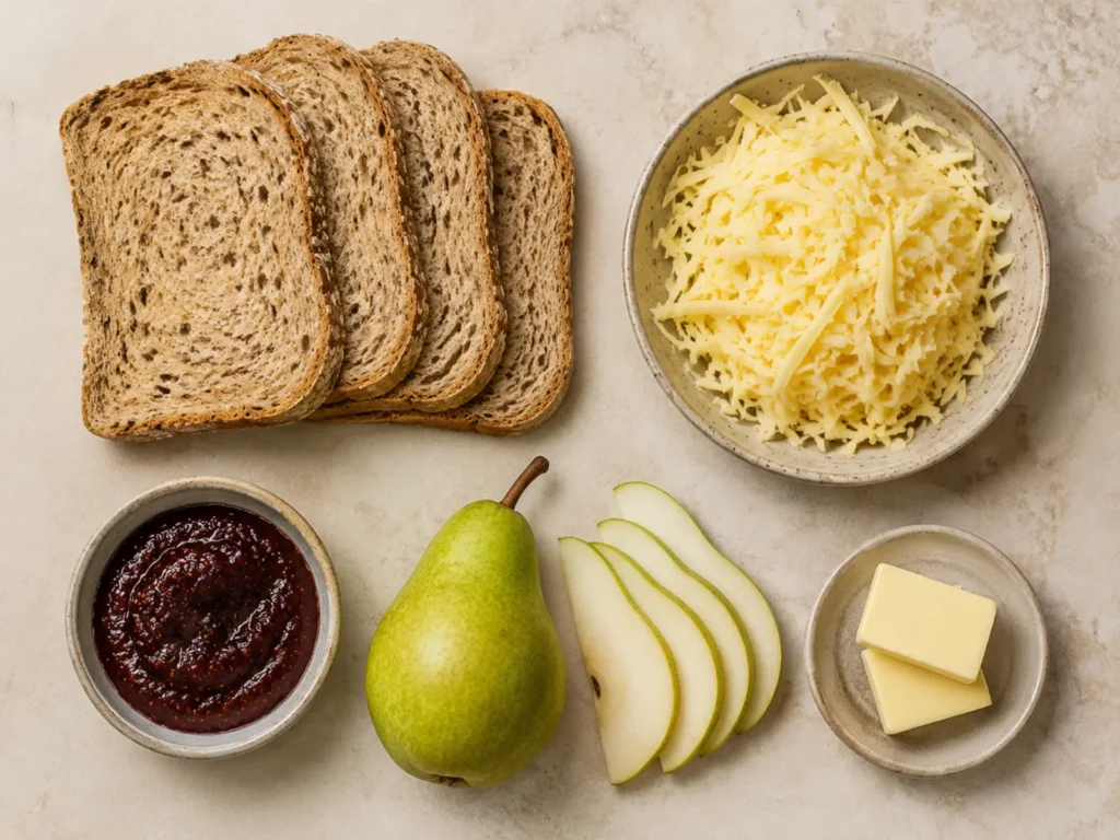 Ingredients for Pear Fig Grilled Cheese arranged with whole-grain panini bread, fig spread, ripe pear, shredded mild Gouda-style cheese, and butter