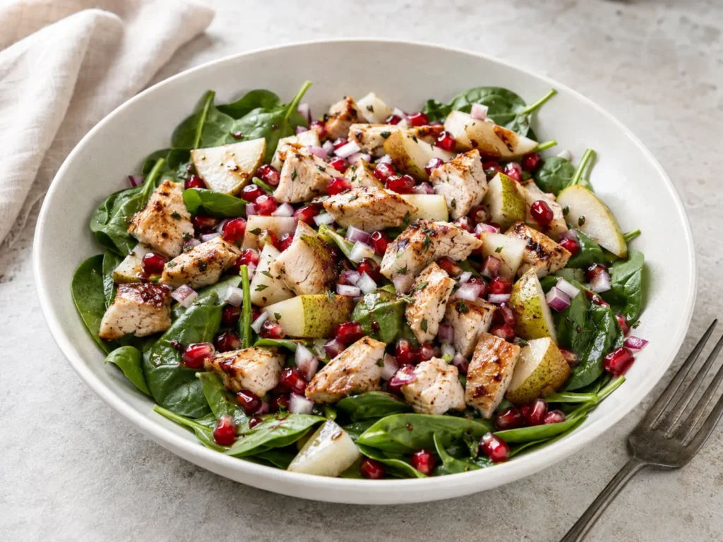 Pomegranate Pear Chicken Salad layered over spinach with red onion and juicy pomegranate seeds