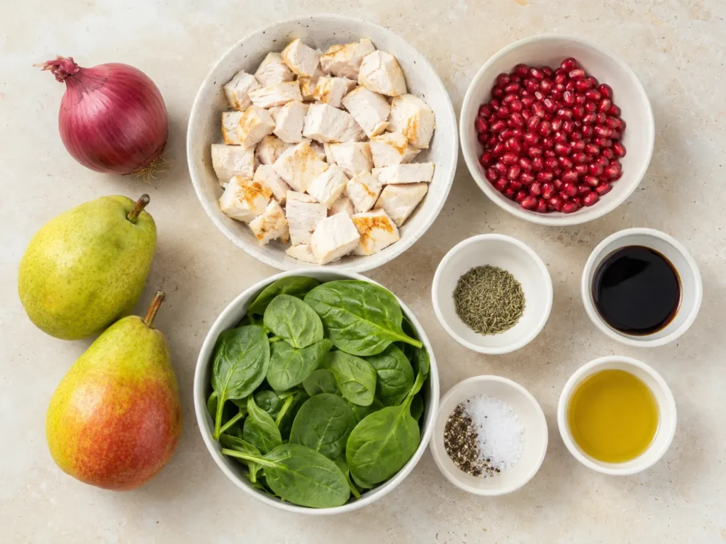 Ingredients for Pomegranate Pear Chicken Salad arranged with chicken, pears, pomegranate, spinach, red onion, thyme, oil, and balsamic vinegar