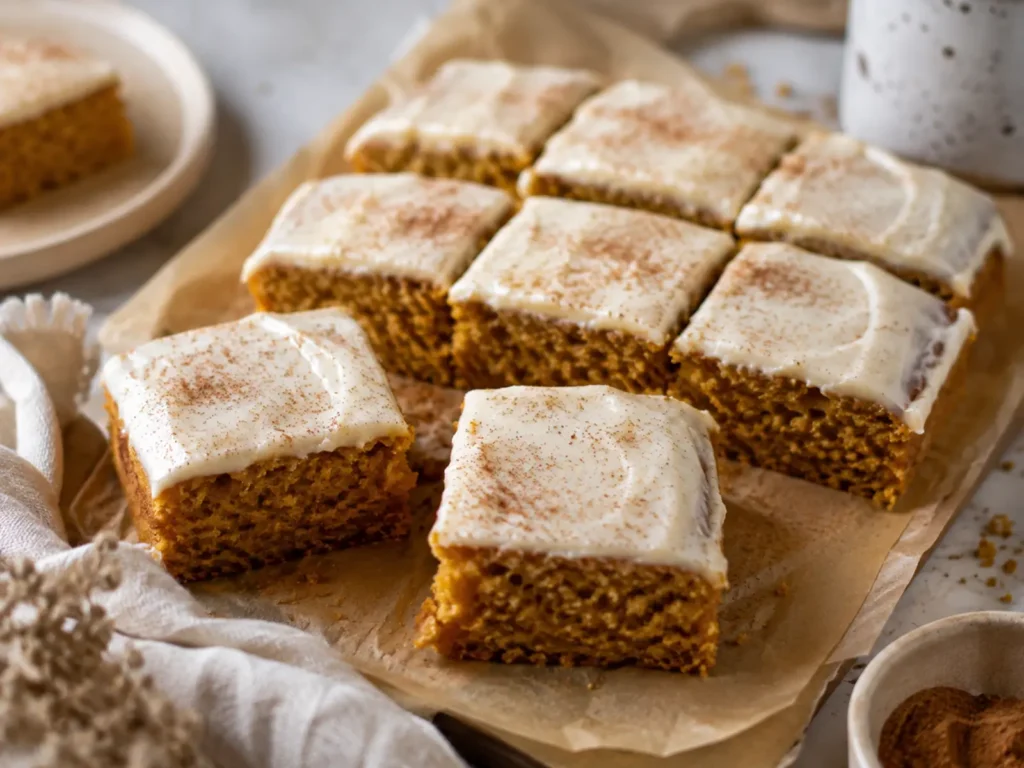 Moist frosted Pumpkin Bars cut into neat squares with creamy topping and cinnamon