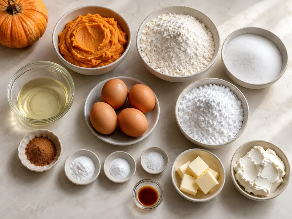 Ingredients for Pumpkin Bars with pumpkin, flour, sugar, oil, eggs, cinnamon, leaveners, butter, cream cheese, alcohol-free vanilla, and confectioners sugar