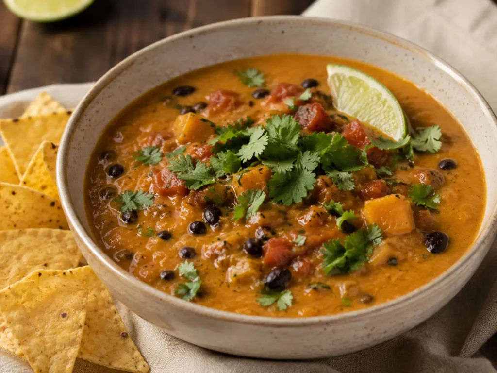 Creamy Pumpkin Black Bean Soup in a rustic bowl with black beans, cilantro, lime, and tortilla chips