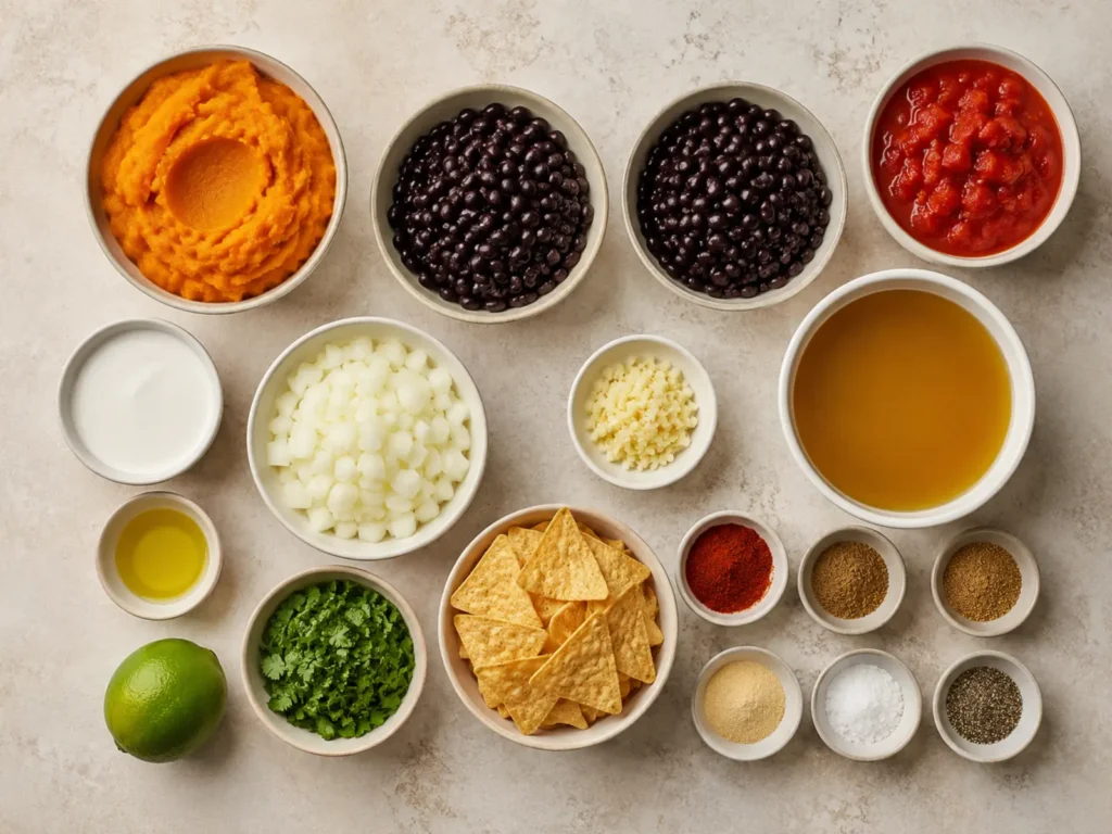 Ingredients for Pumpkin Black Bean Soup arranged with pumpkin puree, black beans, crushed tomatoes, vegetable stock, cream, onion, garlic, olive oil, lime, cilantro, paprika, cumin, coriander, salt, and pepper