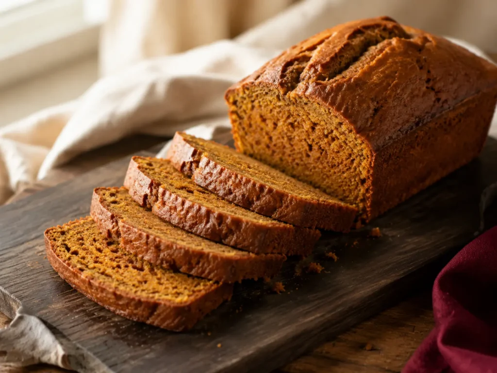 Moist spiced Pumpkin Bread loaf with several clean slices showing a fine orange crumb