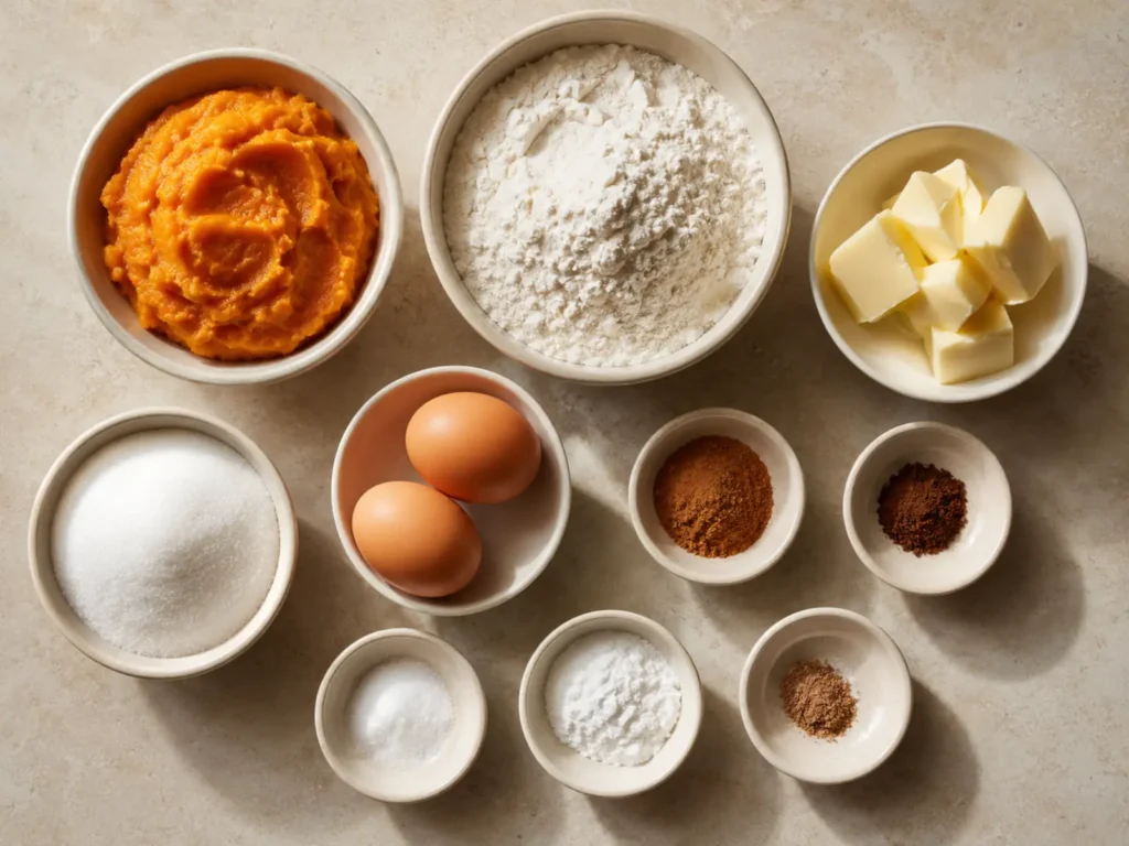 Ingredients for Pumpkin Bread arranged with pumpkin purée, flour, butter, sugar, eggs, cinnamon, cloves, nutmeg, baking soda, baking powder, and salt