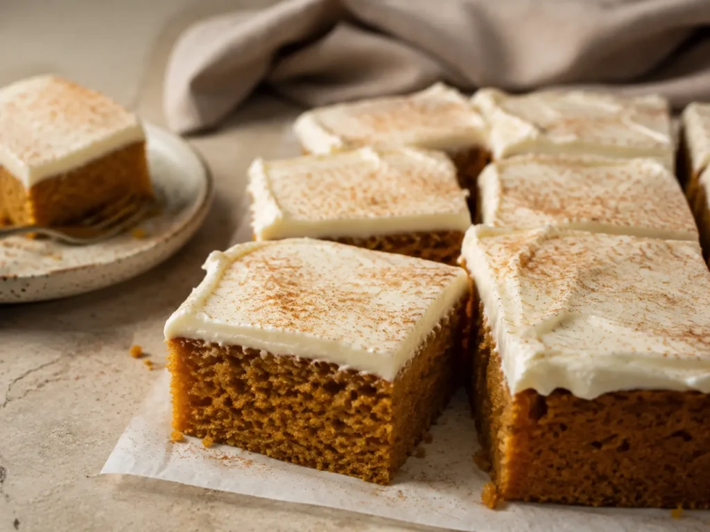 Moist Pumpkin Cake square with thick cream cheese frosting and cinnamon