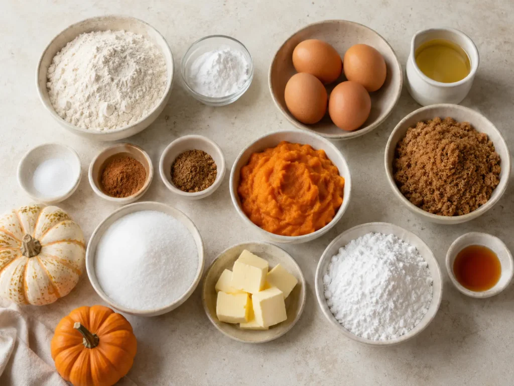 Ingredients for Pumpkin Cake with flour, pumpkin, oil, eggs, sugars, spices, leaveners, cream cheese, butter, confectioners sugar, salt, and alcohol-free vanilla