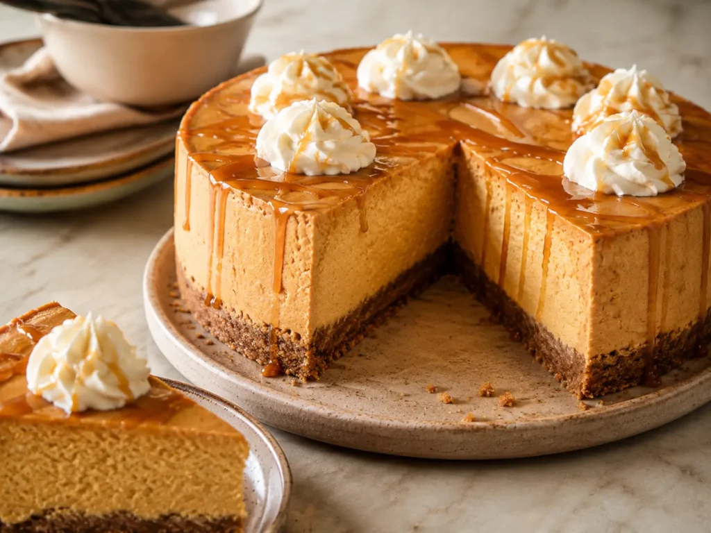 Creamy Pumpkin Cheesecake slice with graham crust, caramel, and plain whipped cream