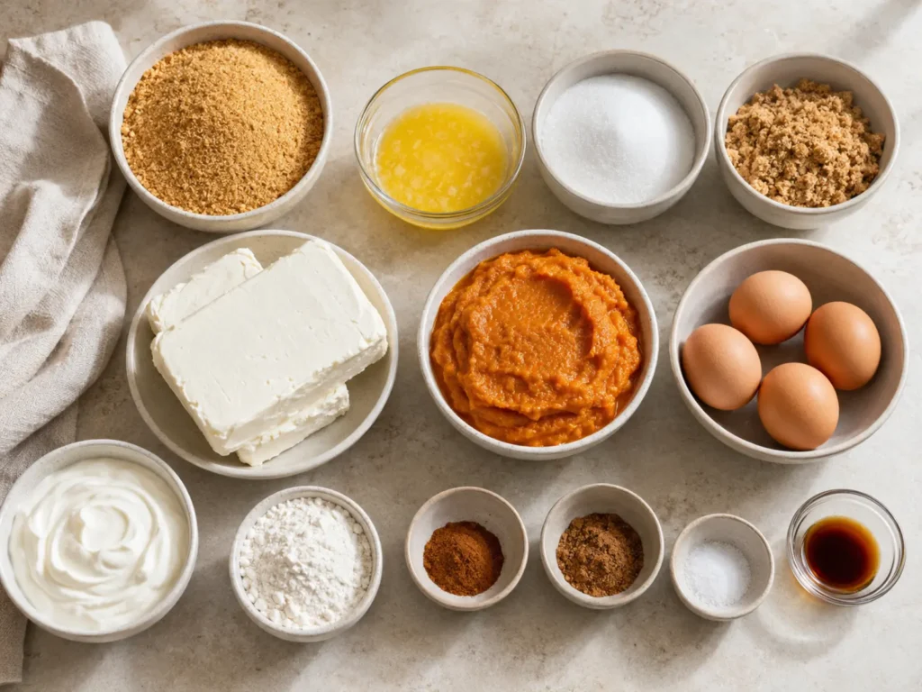 Ingredients for Pumpkin Cheesecake with graham crumbs, butter, cream cheese, brown sugar, pumpkin, eggs, sour cream, flour, spice, salt, and alcohol-free vanilla