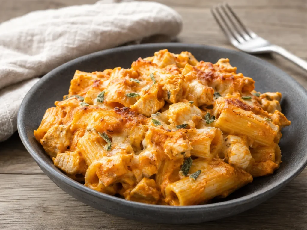 Pumpkin Chicken Pasta bake with melted Havarti and browned pasta edges