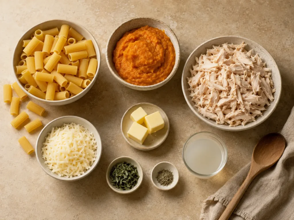 Ingredients for pumpkin chicken pasta, including mezze rigatoni, pumpkin purée, shredded rotisserie chicken, Havarti cheese, butter, sage, and reserved pasta water.