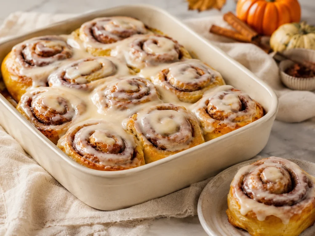 Pumpkin Cinnamon Rolls prepared and styled for serving on a neutral kitchen table