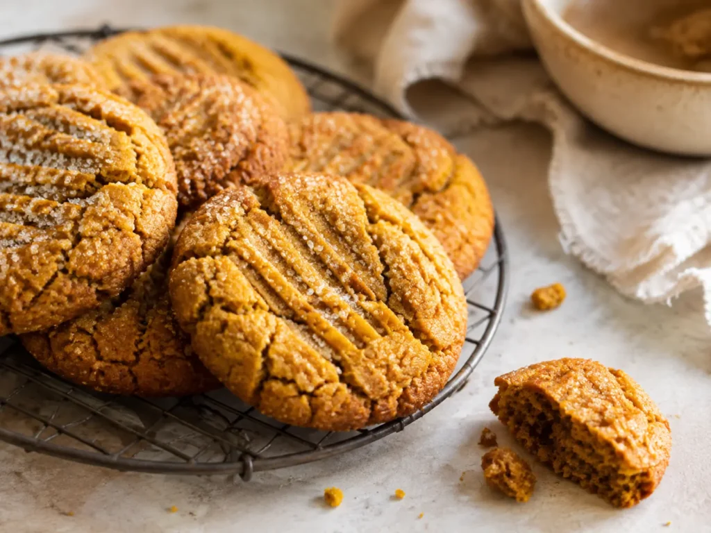 Fudgy Pumpkin Cookies with sparkling sugar and pressed ridges