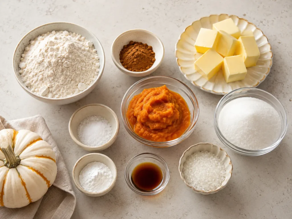 Ingredients for Pumpkin Cookies with flour, spice, butter, pumpkin, sugar, leaveners, salt, and alcohol-free vanilla