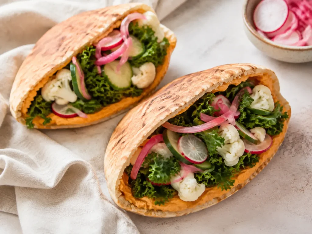 Pumpkin Hummus Pita Sandwich filled with kale, cauliflower, radishes, cucumber, and quick-pickled red onion