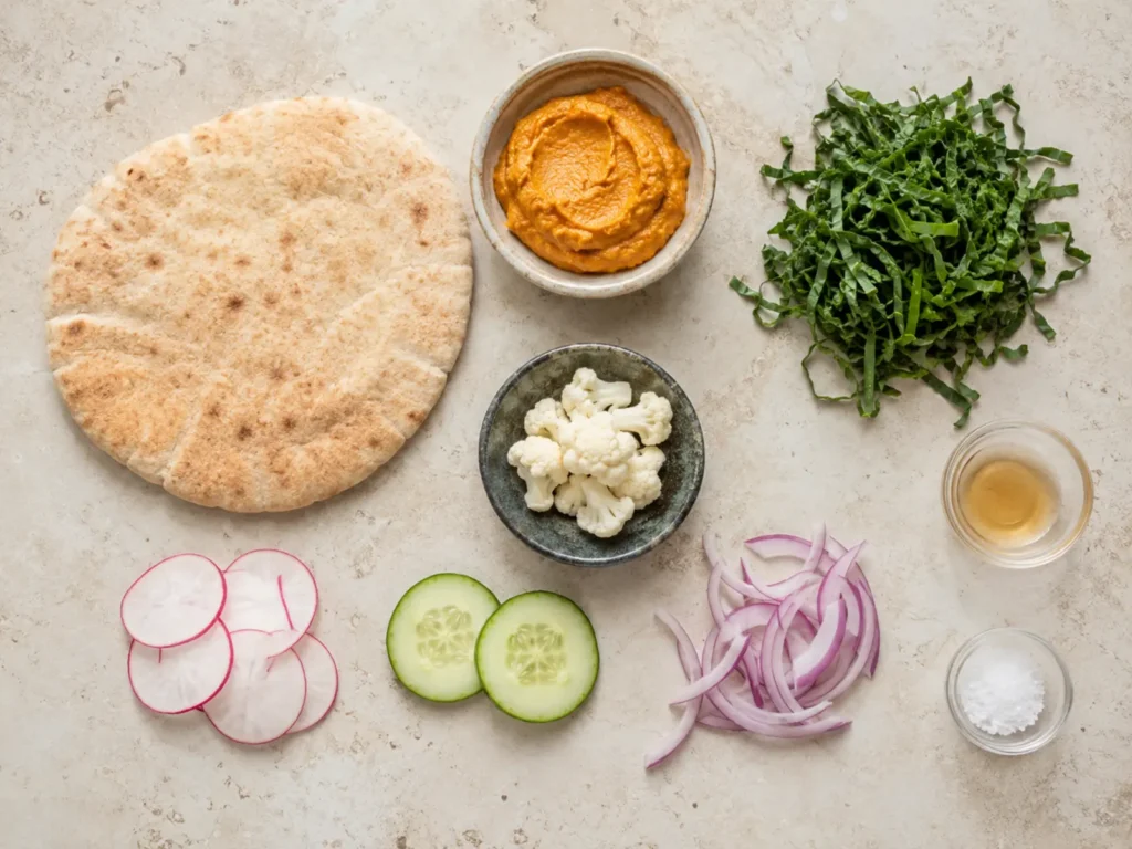 Ingredients for Pumpkin Hummus Pita Sandwich arranged with pita, prepared pumpkin hummus, kale, cauliflower, radishes, cucumber, red onion, apple cider vinegar, and salt