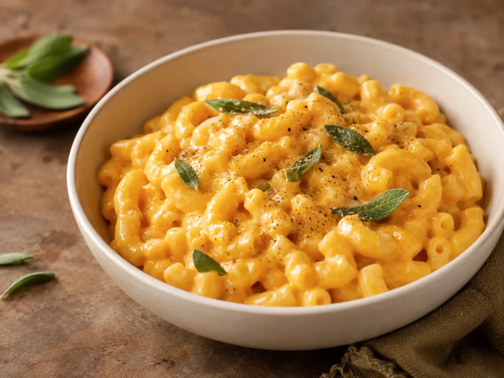 Creamy Pumpkin Mac and Cheese in a ceramic bowl with sage and black pepper