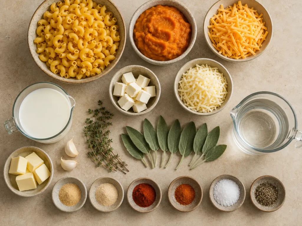 Ingredients for Pumpkin Mac and Cheese arranged with pasta, pumpkin puree, cheeses, milk, butter, garlic, herbs, and spices