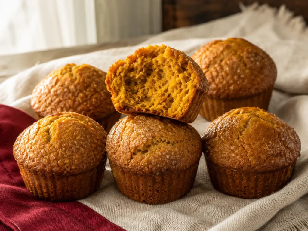 Tall bakery-style Pumpkin Muffins with golden domed tops and moist orange interiors