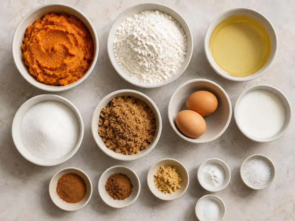 Ingredients for Pumpkin Muffins arranged with pumpkin purée, flour, vegetable oil, white and brown sugars, eggs, milk, cinnamon, pumpkin pie spice, ginger, baking soda, and salt