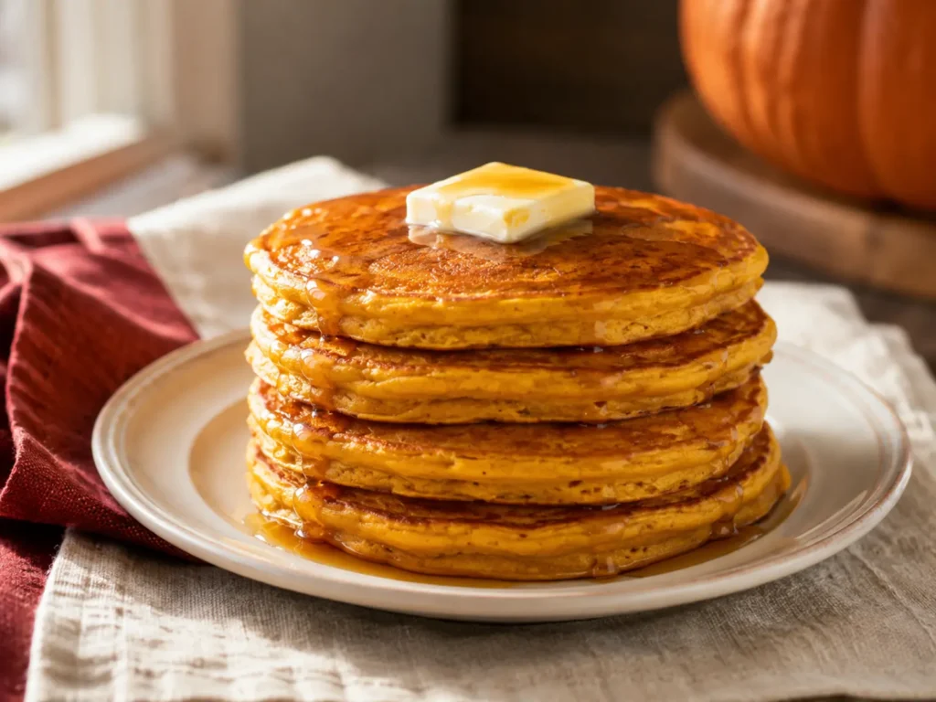 Fluffy stack of Pumpkin Pancakes with warm orange centers, butter, and a light maple syrup drizzle