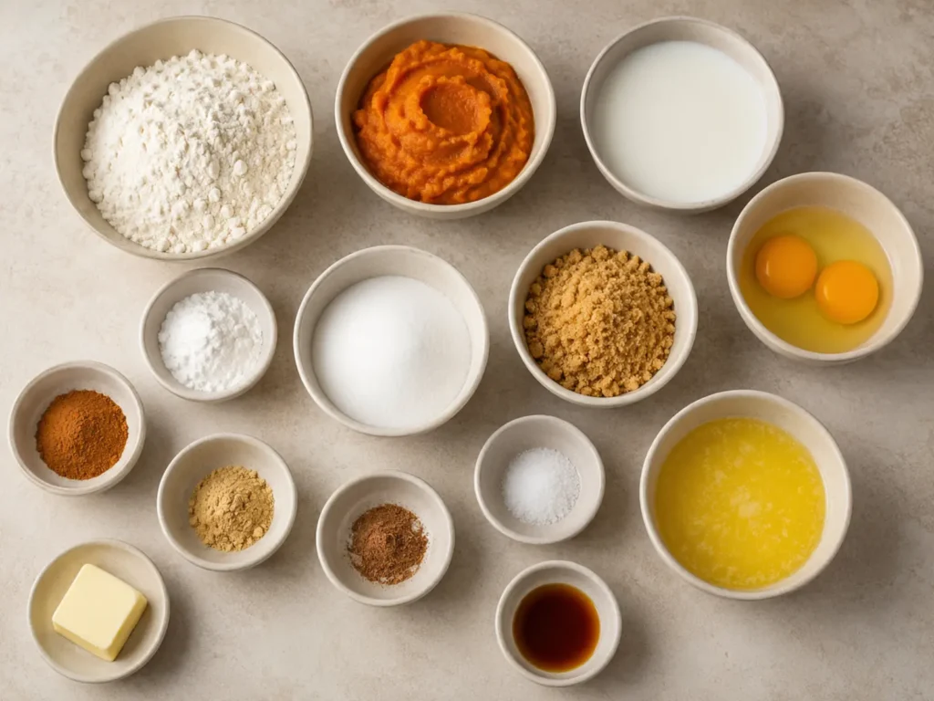 Ingredients for Pumpkin Pancakes arranged with pumpkin purée, flour, baking powder, milk, eggs, melted butter, brown and white sugars, cinnamon, ginger, nutmeg, salt, and alcohol-free vanilla flavoring