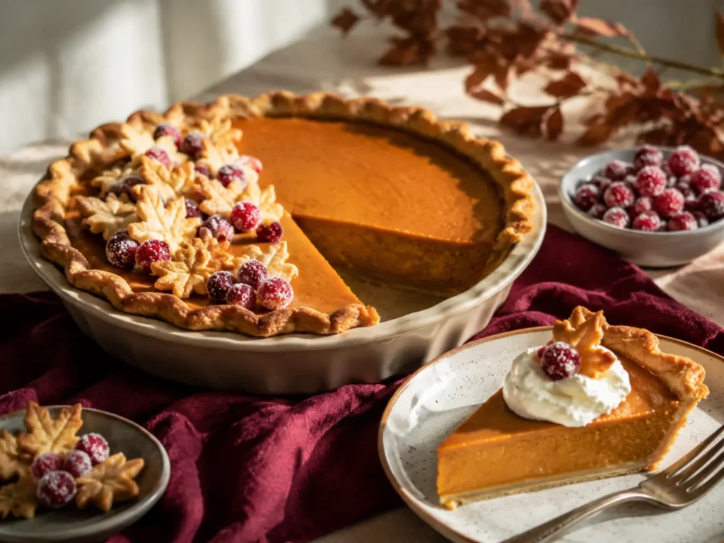 Classic Pumpkin Pie with a flaky crimped crust, silky spiced filling, and one clean slice removed