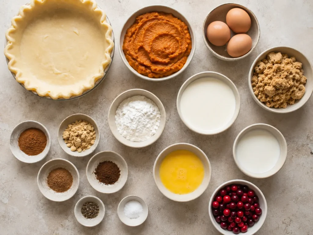 Ingredients for Pumpkin Pie arranged with pumpkin purée, pie dough, eggs, brown sugar, cornstarch, cream, milk, cinnamon, ginger, nutmeg, cloves, pepper, salt, and optional cranberries