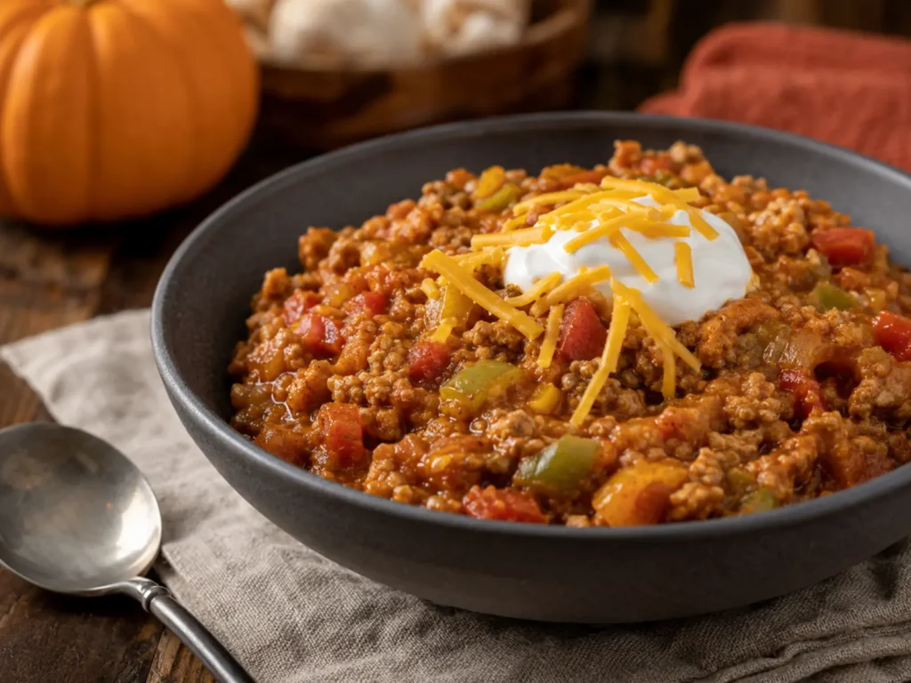 Thick Pumpkin Turkey Chili topped with Cheddar and sour cream in a rustic bowl