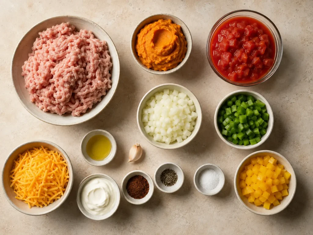 Ingredients for Pumpkin Turkey Chili arranged with ground turkey, pumpkin, tomatoes, peppers, onion, cheese, sour cream, and seasonings