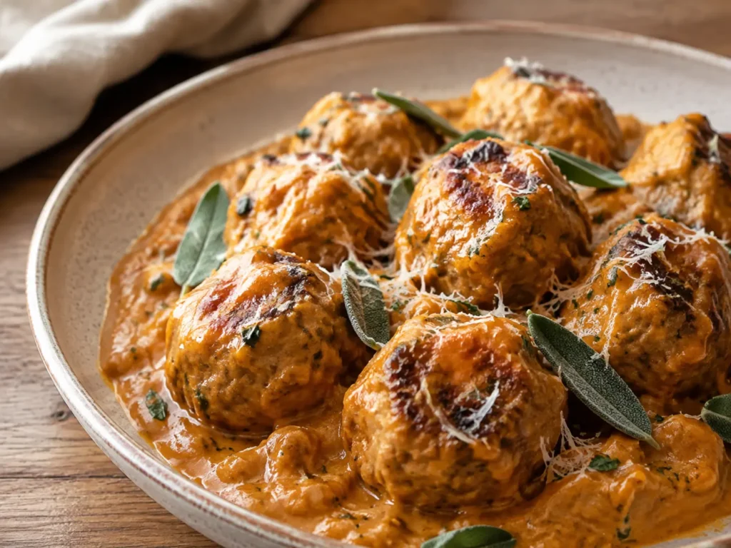 Tender Pumpkin Turkey Meatballs coated in savory pumpkin pasta sauce with Parmesan and fresh sage