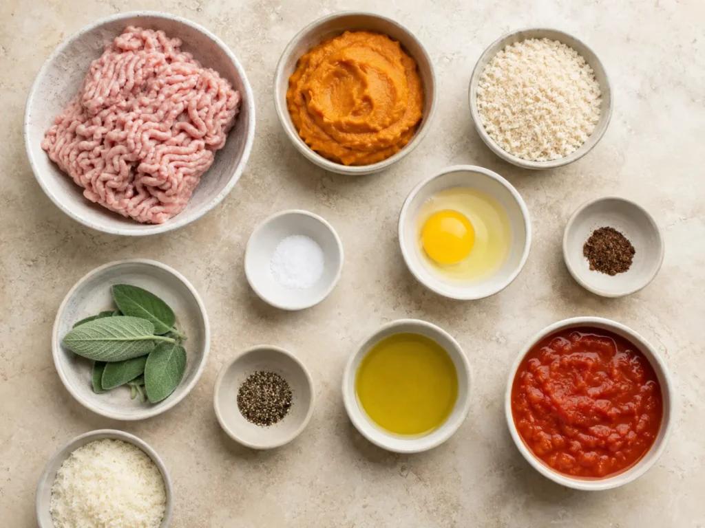 Ingredients for Pumpkin Turkey Meatballs arranged with ground turkey, pumpkin puree, panko, egg, cloves, fresh sage, olive oil, pumpkin pasta sauce, Parmesan, salt, and pepper