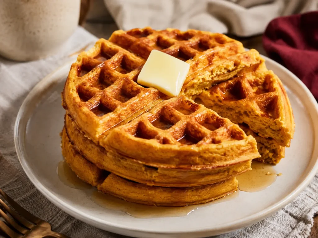 Golden Belgian Pumpkin Waffles stacked with crisp pockets, fluffy interiors, butter, and maple syrup