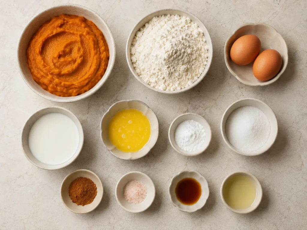 Ingredients for Pumpkin Waffles arranged with pumpkin purée, flour, eggs, milk, melted butter, baking powder, sugar, pumpkin pie spice, salt, and alcohol-free vanilla flavoring