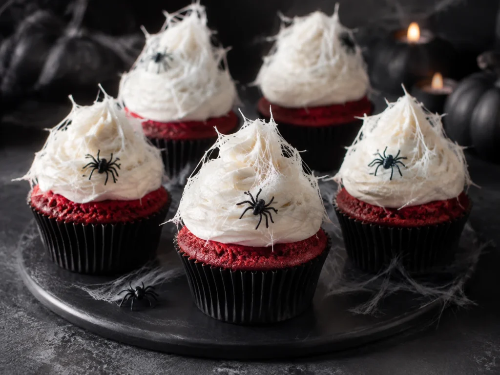 Red Velvet Spider Cupcakes prepared and styled for serving on a neutral kitchen table