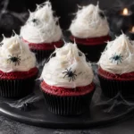 Red Velvet Spider Cupcakes prepared and styled for serving on a neutral kitchen table