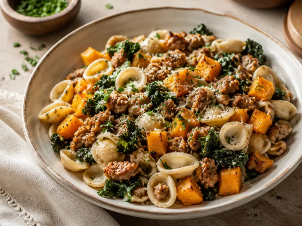 Sausage and Butternut Squash Pasta with turkey sausage, roasted squash, kale, parsley, and Parmigiano-Reggiano