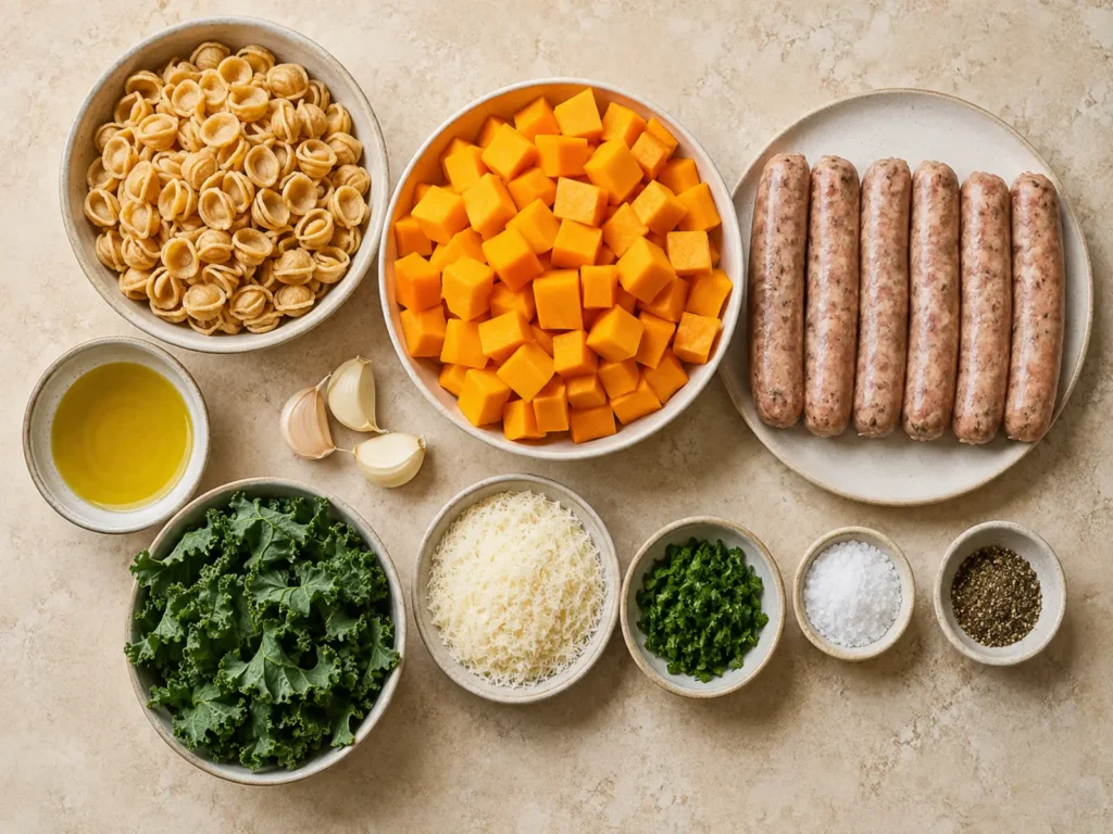 Ingredients for Sausage and Butternut Squash Pasta arranged with whole-wheat pasta, butternut squash, Italian turkey sausage, kale, garlic, olive oil, Parmigiano-Reggiano, parsley, salt, and pepper