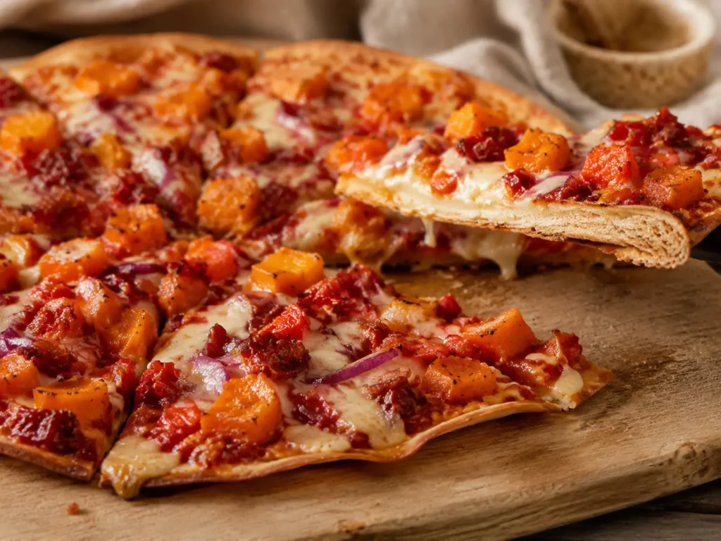 Savory Pumpkin Pizza with roasted pumpkin, red onion, red pepper, melted provolone, and crisp beef bacon on a thin golden crust