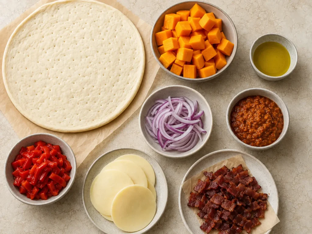 Ingredients for Savory Pumpkin Pizza arranged with pizza crust, fresh pumpkin, red onion, olive oil, sun-dried tomato pesto, roasted red pepper, provolone, and beef bacon