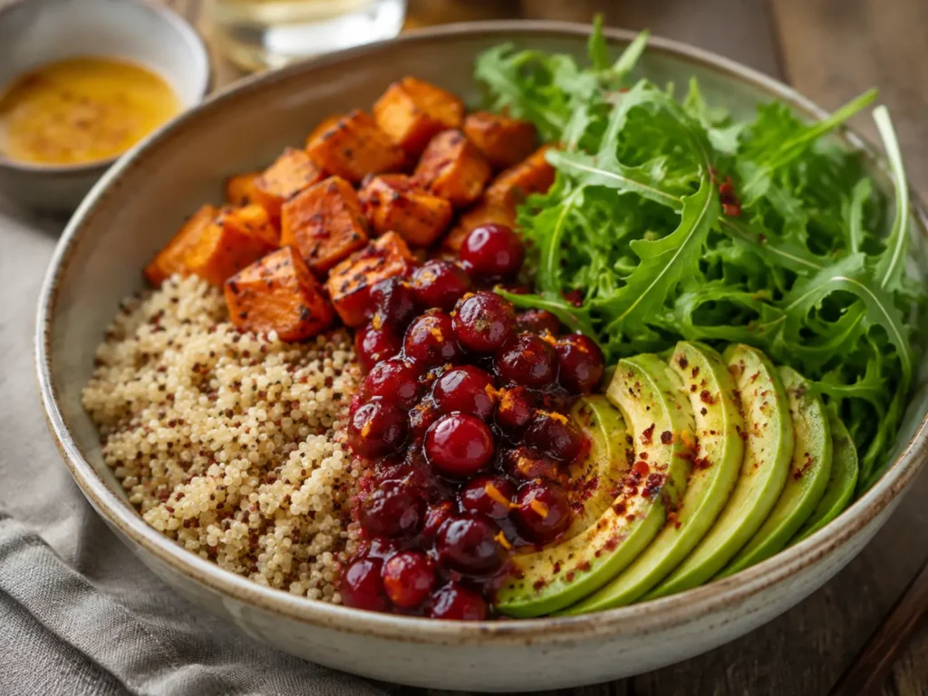 Sweet Potato Cranberry Quinoa Bowl with roasted sweet potato, arugula, avocado, and cranberry-orange drizzle