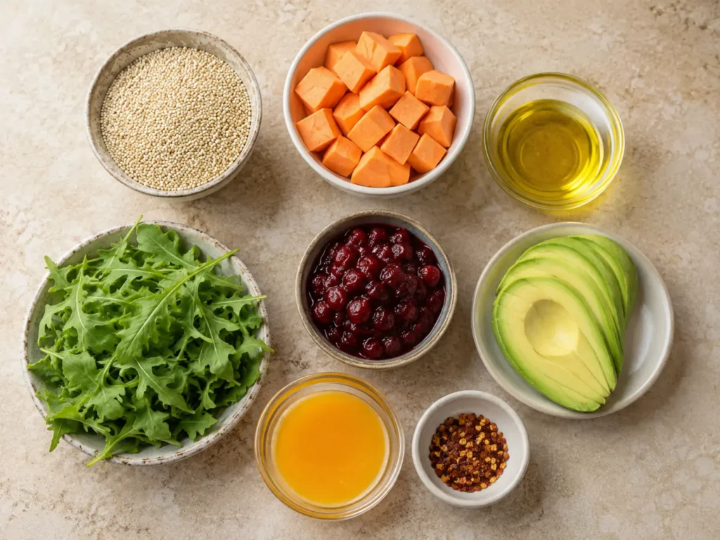 Ingredients for Sweet Potato Cranberry Quinoa Bowl arranged with quinoa, sweet potato, arugula, avocado, cranberry sauce, orange juice, olive oil, and crushed red pepper