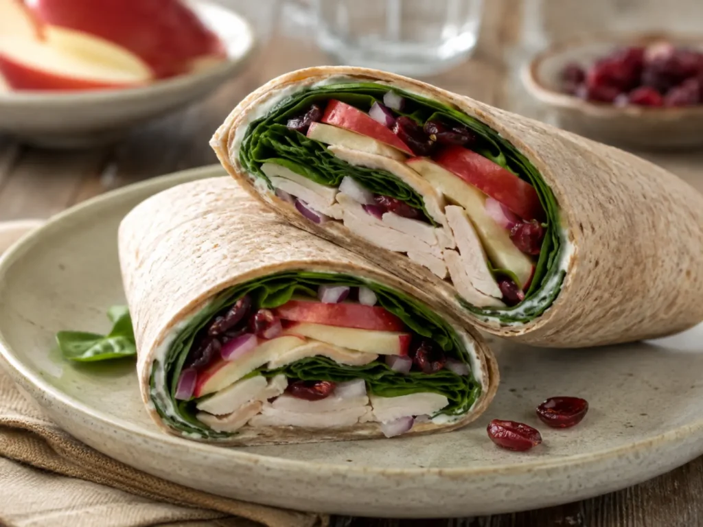 Turkey Cranberry Apple Wrap cut in half showing turkey, thin apple, spinach, cranberries, cream cheese, and red onion